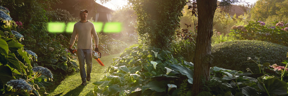 STIHL HSA 60 battery hedge trimmer cutting a hedge